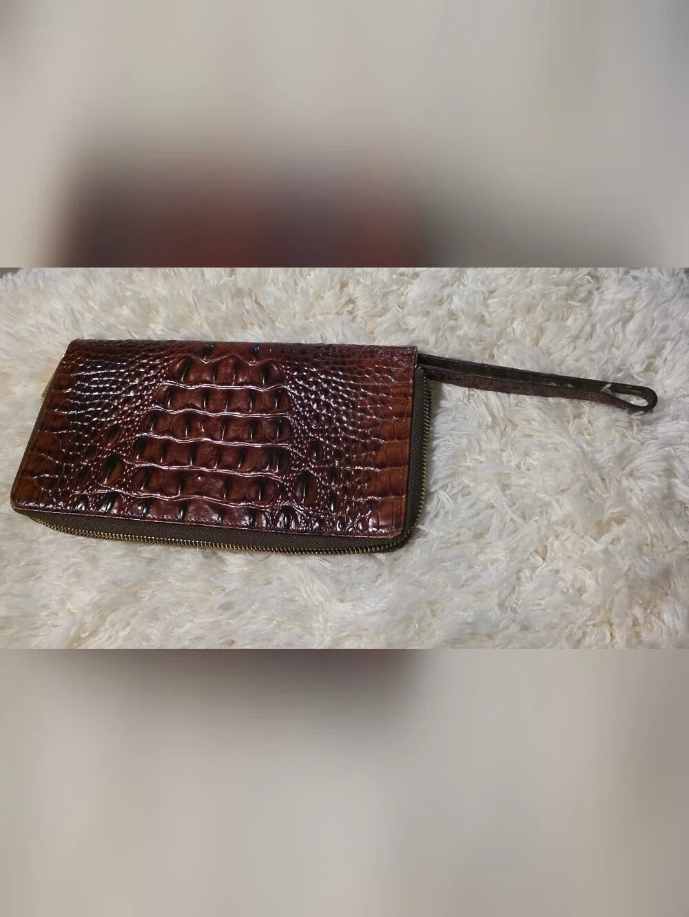 BRAHMIN Skyler Crocodile-Embossed Zip Wallet Wristlet - Pecan Melbourne